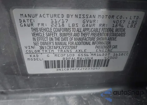 2018 Nissan Sentra Sr Turbo из США, поврежденный, VIN 3N1CB7APXJY237097